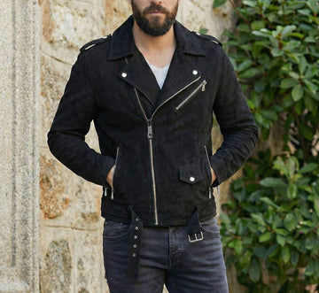 Black Suede Leather Biker Jacket with Adjustable Waist Belt by Brune & Bareskin