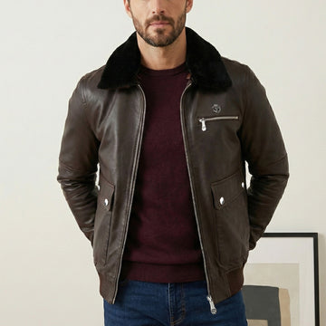 Ribbed Style Dark Brown Fur Collar Dark Brown Leather Jacket For Men By Brune & Bareskin