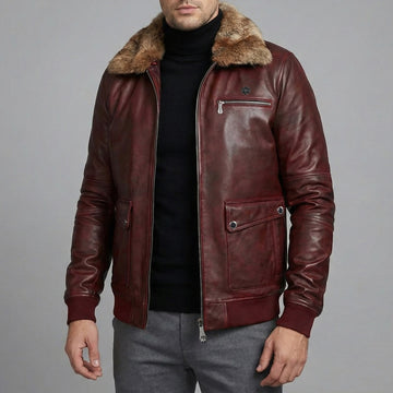 Rustic Wine Ribbed Style Leather Jacket with Furr Collar