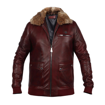 Rustic Wine Ribbed Style Leather Jacket with Furr Collar