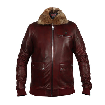 Rustic Wine Ribbed Style Leather Jacket with Furr Collar