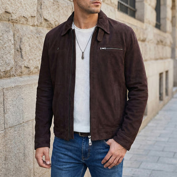 Men's Dark Brown Suede Leather Club Collar Regular Fit Jacket