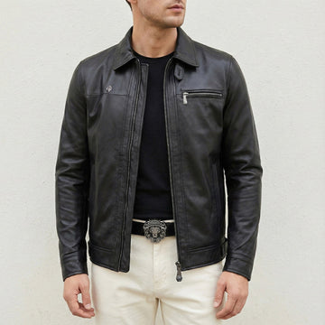 Men's Black Leather Club Collar Regular Fit Jacket