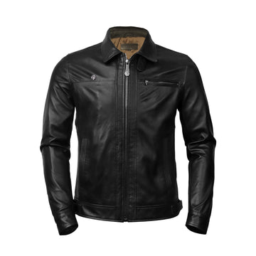 Men's Black Leather Club Collar Regular Fit Jacket