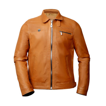 Regular Fit Club Collar Style Orangish Tan Leather Jacket By Brune & Bareskin