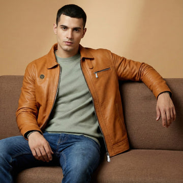 Regular Fit Club Collar Style Orangish Tan Leather Jacket By Brune & Bareskin