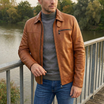 Tan Leather Regular Fit Zip Closure Jacket For Men By Brune & Bareskin