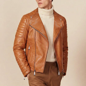 Tan Leather Regular Fit Side Zip Closure Jacket