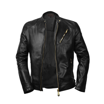 Ban Collar Men's Black leather Jacket with Metal Lion Front Zipper By Brune & Bareskin