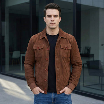 Dual Collar Bomber Tan Suede Leather Jacket For Men with Flap Pockets Button Closure By Brune And Bareskin