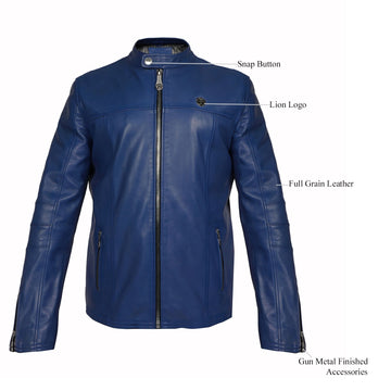 Classic Stylish Slim Fit Sky Blue Ban Neck Collar Front Zipper Pockets Men's Leather Jacket By Brune & Bareskin