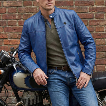 Classic Stylish Slim Fit Sky Blue Ban Neck Collar Front Zipper Pockets Men's Leather Jacket By Brune & Bareskin
