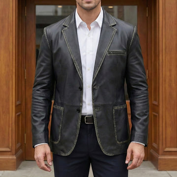 Formal Blazer Button Style Black Leather Jacket for Men