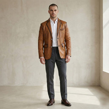 Vintage Style Patina Men's Premium Tan Leather Blazer Jacket