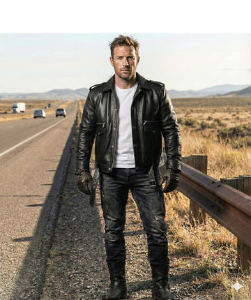 Men’s Black Leather Biker Belt Jacket with Silver Accessories