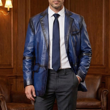 Vintage Style Patina Men's Premium Blue Leather Formal Blazer