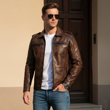 Rust Espresso Leather Jacket with Front Zipper Closure