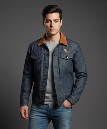 Blue Denim Jacket with Suede Leather Collar