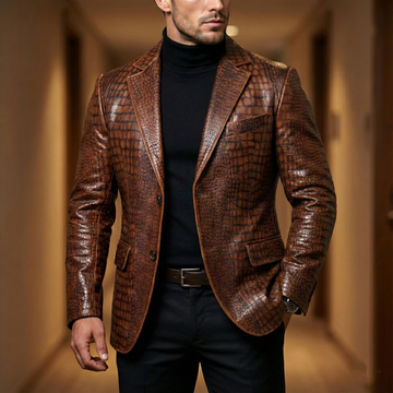 Tan Croco Embossed Leather Formal Blazer