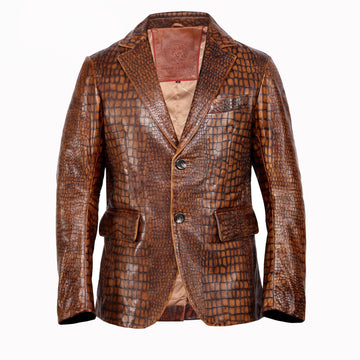 Tan Croco Embossed Leather Formal Blazer