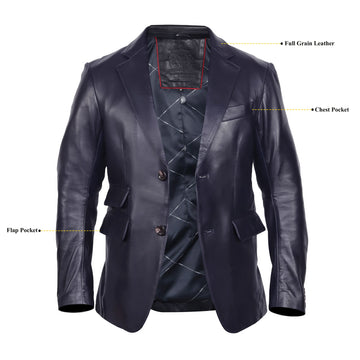 Navy Blue Formal Leather Blazer with Dual-Layer Back Design