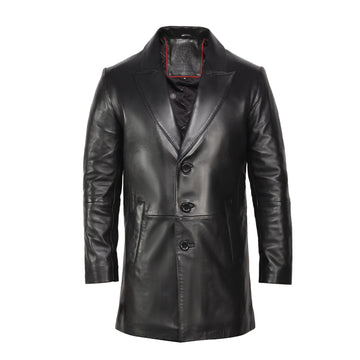 Premium Black Leather Long Jacket with Shirt-Style Collar