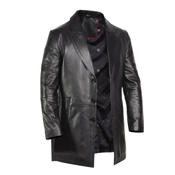 Premium Black Leather Long Jacket with Shirt-Style Collar