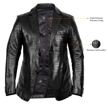 Black Deep Cut Croco Leather Formal Blazer