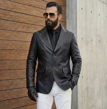 Men’s Luxury Black Pleated Leather Formal Blazer