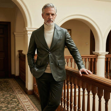 Men’s Luxury Olive Green Pleated Leather Formal Blazer
