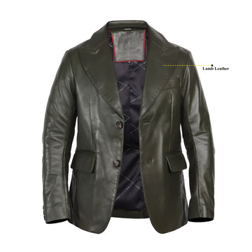Men’s Luxury Olive Green Pleated Leather Formal Blazer