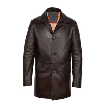 Premium Long Brown Leather Jacket with Shirt-Style Collar