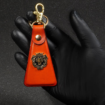Orange Leather Triangular Key-chain With Metal Lion Belt Loop