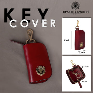 Metal Lion Hanging Loop Wine Genuine Leather Single Key Case Pouch