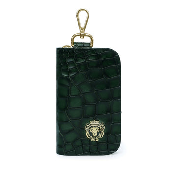 Luxurious Hanging Loop Car Key Case with Croco Textured Green Leather