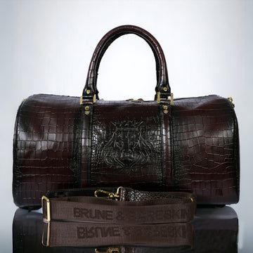 Croco Embossed Duffle Bag in Dark Brown Leather