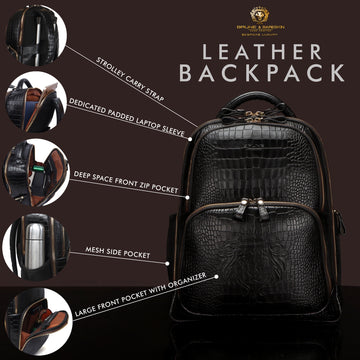 Croco Textured Backpack In Black Leather
