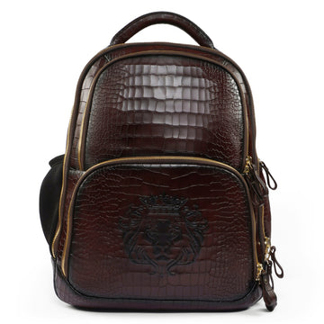 Deep Cut Croco Embossed Lion Dark Brown Leather Backpack