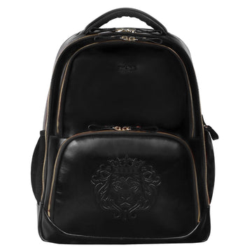 Embossed Lion Black Leather Backpack