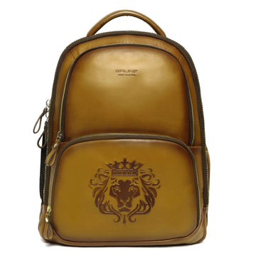 Embossed Lion Olive Green Leather Backpack