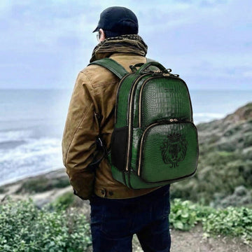 Croco Embossed Green Leather Backpack With Lion Logo