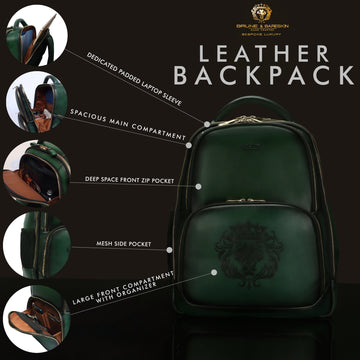 Embossed Lion Green Leather Backpack