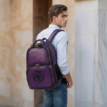 Croco Embossed Purple Leather Backpack With Lion Logo