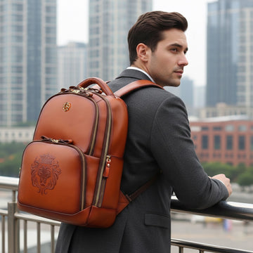 2026 Edition BCCI Team India Tan Leather Backpack With Embossed Lion Logo