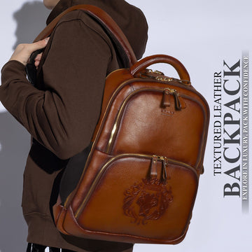 Textured Tan Leather Backpack With Embossed Lion Logo