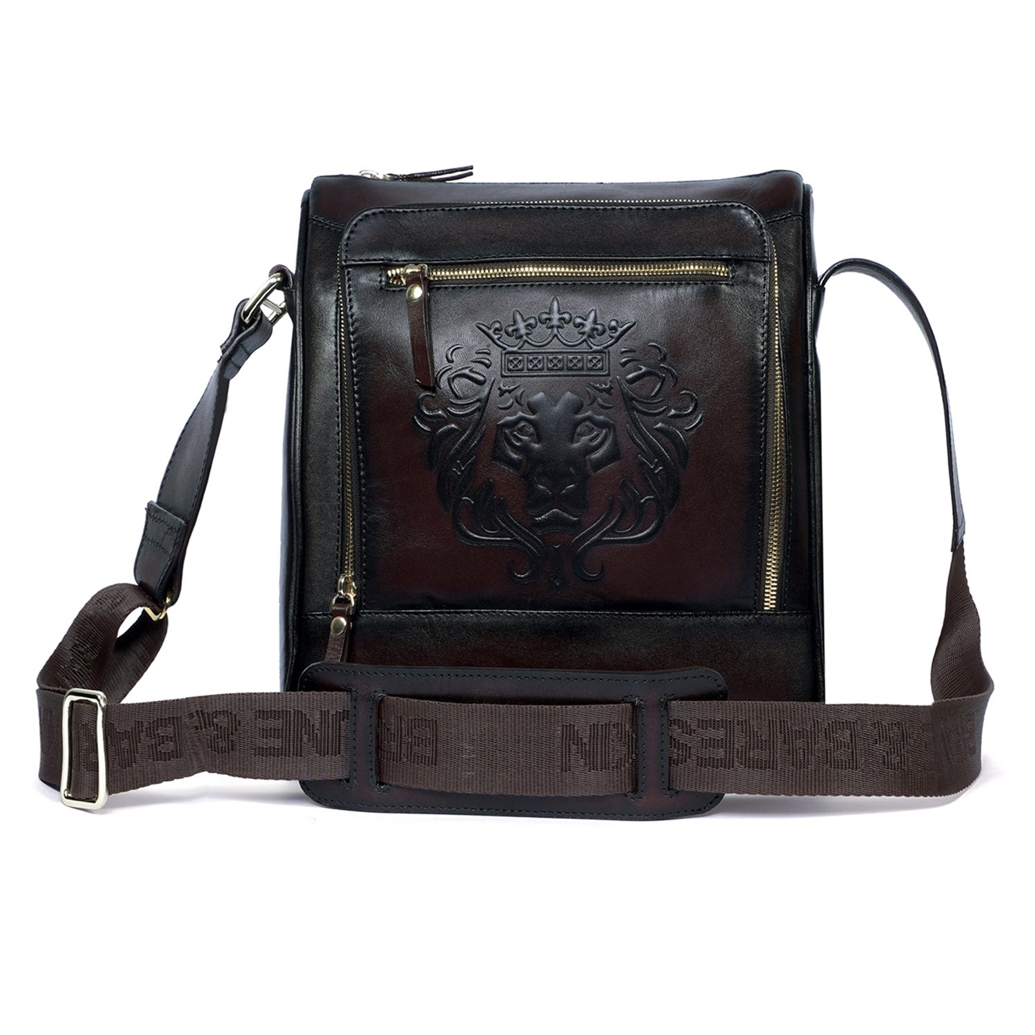 Fanny Pack Bag In Dark Brown Leather with Embossed Lion