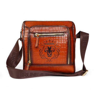 Deep Cut Croco Fanny Pack Bag In Tan Leather with Embossed Lion