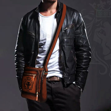Fanny Pack Bag In Tan Leather with Embossed Lion