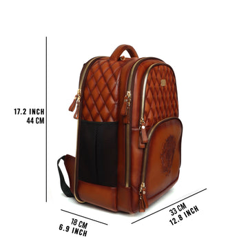 Diamond Stitched Backpack Tan Leather with Embossed Lion Logo by Brune & Bareskin