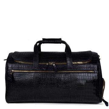 Black Multi-Pockets Duffle Bag in Deep Cut Croco Leather